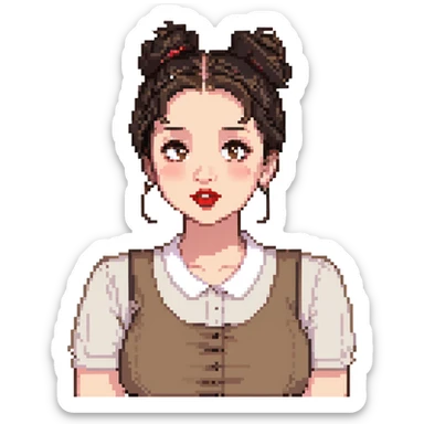 light brown girl, slightly chubby, messy black hair in a bun, red lipstick, light brown eyes, asking a question sticker