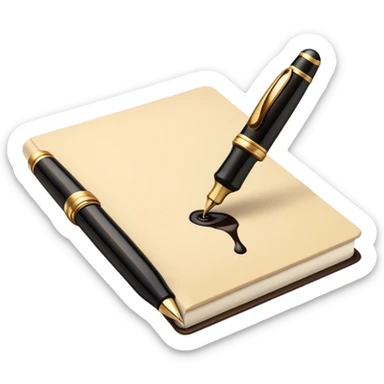 Create a vibrant emoji representing prose writing. The design should feature a classic fountain pen or quill in black, with black ink flowing from it onto an open notebook or paper. The ink should have a smooth, flowing effect to evoke creativity and storytelling. Use warm, earthy tones like brown, gold, and cream for the background elements. The emoji should convey literary elegance and artistic expression. Make the background transparent. sticker