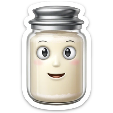 A mischievous anthropomorphic salt jar with transparent glass body and metal lid sticker
