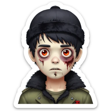 Cute zombie boy with ushanka, black messy hair with bangs  sticker