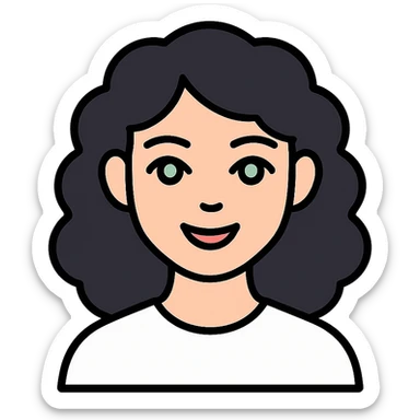 girl with thick dark black wavy curly hair almond green eyes pale skin smiling wearing white shirt sticker