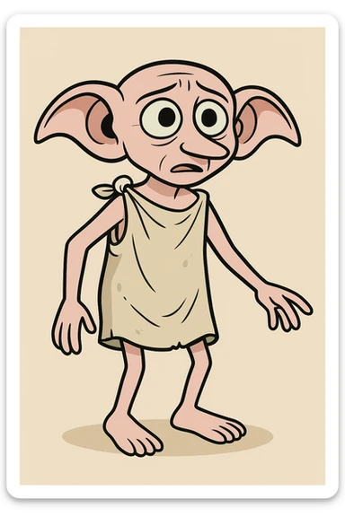 full body illustration of Dobby the house elf in cute, cartoon, simplified style with bold black lines and soft colors, small with large ears, expressive eyes, wearing old pillowcase sticker
