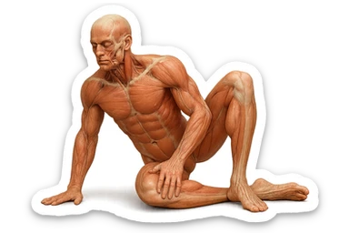 CORPO UMANO ANATOMICO REALISTICO CHE SVOLGE UN ESERCIZIO DI MOBILITà ALLE ANCHE, iperrealistico 4k sticker