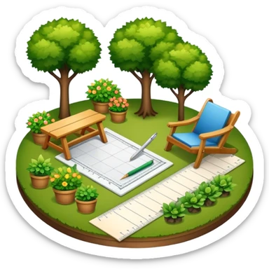 Icon for Landscape Design: a garden layout with trees, plants, pathways, and outdoor furniture, along with design tools like a ruler and sketchpad. The icon should represent the creativity and planning behind landscape design. Transparent background. sticker
