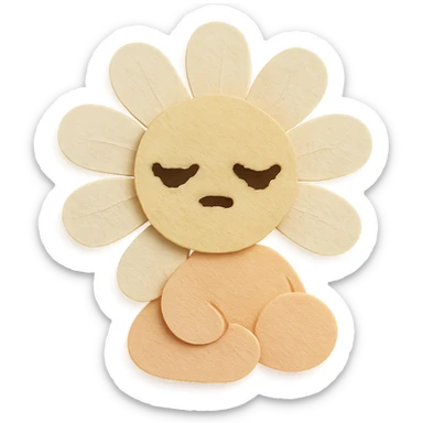 creamy white daisy flower with sleepy half-lidded eyes, sitting down with a blank stare, extremely soft round pastel character, paper-craft style sticker