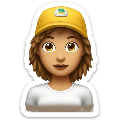 Chica con pelo castaño y flequillo con gorra sticker