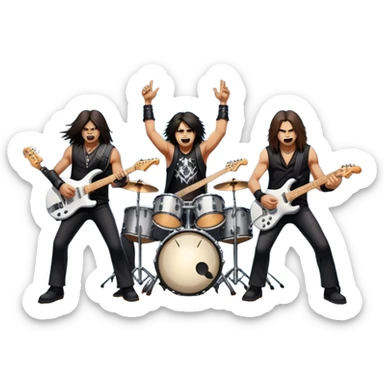 Icon for Heavy Metal Music: 4 men band on stage with electric guitars, drums and intense lighting. 4 Musicians headbanging, surrounded by energy and stage effects, capturing the power and intensity of a metal concert. Transparent background. sticker