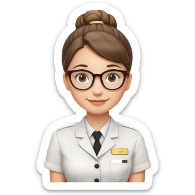 Young girl, bun hair, wearing uniform of reception with hotel name badge, glasses, stand behind the desk

 sticker