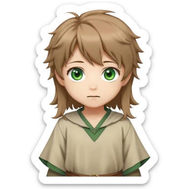 Young Rudeus Greyrat chibi, big green eyes, round face, messy light brown hair, wearing a tunic, cute and curious anime style sticker