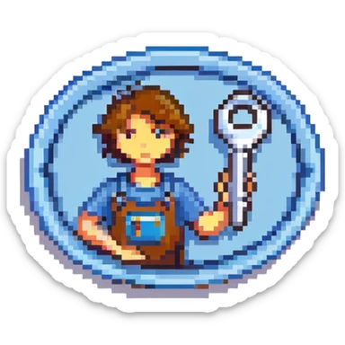 Oval badge shape with simple pixel art technician holding car tool key, bright colors sticker