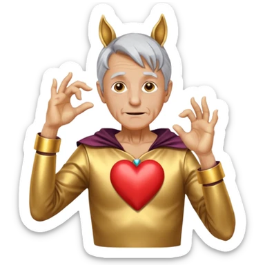 An elderly man with golden skin, his body shining like polished metal, wearing a horse cosplay costume with horse ears and a tail. He is making a heart shape with his hands and blushing slightly, showing a shy and embarrassed expression. sticker