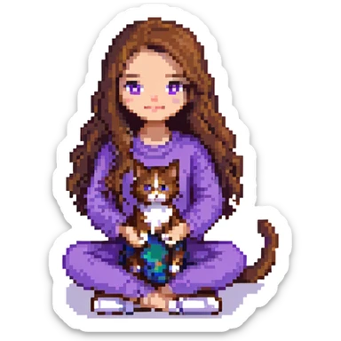 girl with long wavy brown hair and brown eyes wearing purple clothes sitting with a three-color cat pixel art sticker