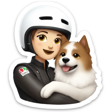 Girl biker white skin and brown short hair with a agv helmet hugging a Samoyed  sticker