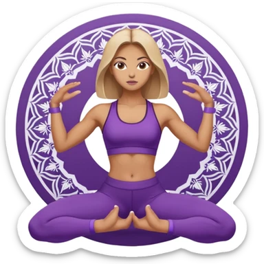 A woman in purple activewear holding warrior two pose, centered with a white mandala pattern behind her. sticker