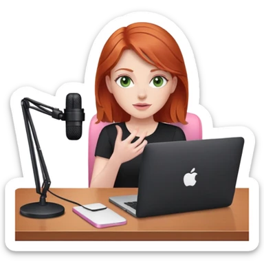 Redhead with green eyes sat at desk with pink MacBook and  podcast microphone black top and pink chair  sticker