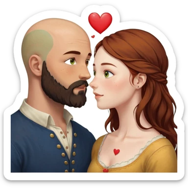 Couple. Bald man with dark brown-black beard. Woman with many small, faded, round freckles, white skin and she has auburn-yellow-brown-caramel-cinnamon dark hair. She has light yellow-brown-green eyes. He have hazel-blue eyes. They look at each other. Many small red hearts around them. sticker