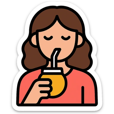 brunette woman drinking mate from a gourd with a bombilla straw, minimal and expressive icon sticker