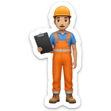 Indian male railway engineer orange overalls, boots holding a clipboard back view sticker