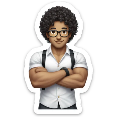 curly hair show biceps asian glasses white shirt braces sticker