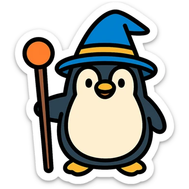 penguin wizard holding a staff, wearing a wizard hat, colored icon with black outlines sticker