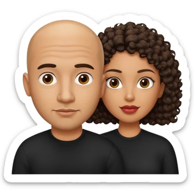 A picture of a tanned couple. the man is a Mexican man with tanned skin, a bald hair cut, short beard and wearing a black shirt. the woman is mixed, with curly medium length hair, with big boobs and lips  sticker