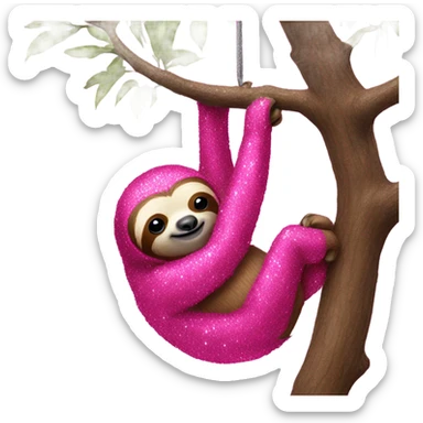 Hot pink sloth with glitter hanging on a tree  sticker