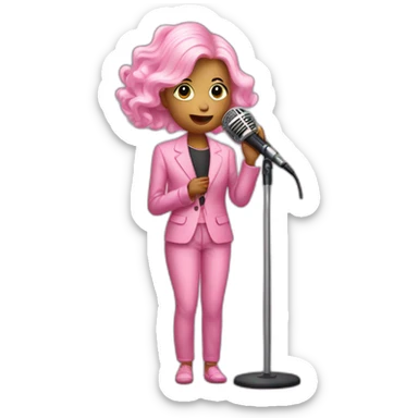 Pink skin newborn-in-suit-singing-into-microphone-stand-holding-stand-(full-body,-ios17,-somber) sticker