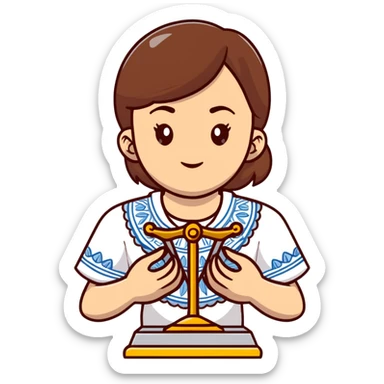A Ukrainian girl with brown hair in an embroidered shirt holds the scales of truth in her hand sticker