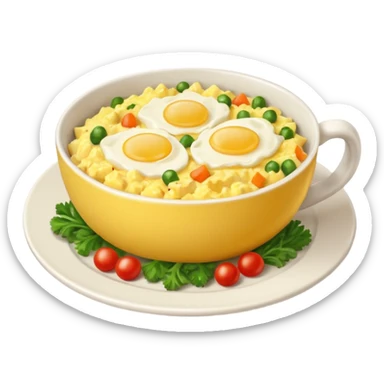plate with scrambled eggs and veggies,  on the side coffee in cute mug sticker