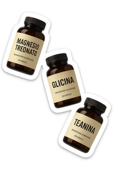3 boccette di integratori: Magnesio Treonato, glicina, teanina in italiano, fluttuano in aria sticker
