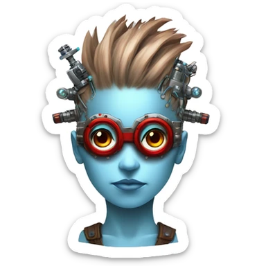 Light blue Mohawk hair female cyborg head with red steampunk goggles and circuits sticker