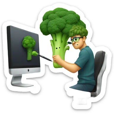 Generate a creative broccoli emoji sitting in front of a computer with a stylus, designing something on a screen. sticker