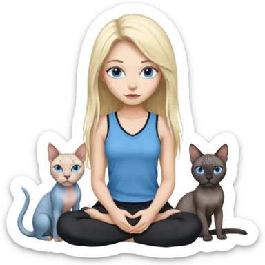 girl with long split-dye hair half blonde half black and blue eyes sitting with two grey sphynx cats emoji style sticker