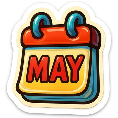 retro sticker style illustration of a small calendar page with a bold date or month, bold outlines, juicy colors, expressive shadows and highlights, playful and glossy look, fun and inviting sticker