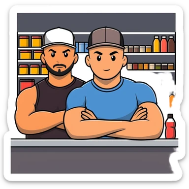 Bald heavyset Hispanic man, and a muscular bald guy in trucker hat standing at a counter in a store sticker