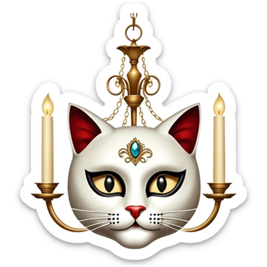 Icon for Musical Movie: A vintage movie poster-style design inspired by Cats or The Phantom of the Opera. Include dramatic theatrical elements like a mysterious mask, a grand chandelier, a cat in a costume, and a stage with dramatic lighting. Retro cinematic vibe. Transparent background. sticker
