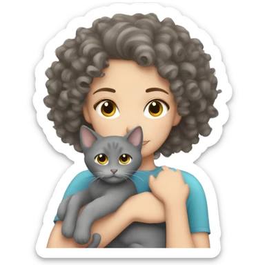 White Girl curly hair cuddling with grey cat sticker