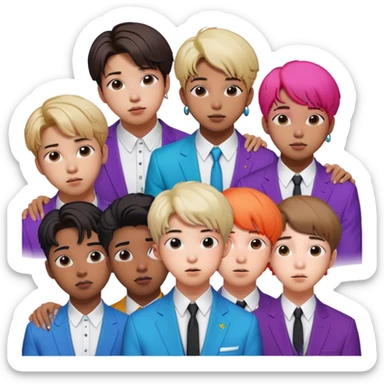 Cinematic Realistic group portrait of BTS featuring all 7 members in stylish modern attire, with detailed facial expressions and vibrant colors, captured in dynamic, contemporary lighting that emphasizes their global pop icon status sticker