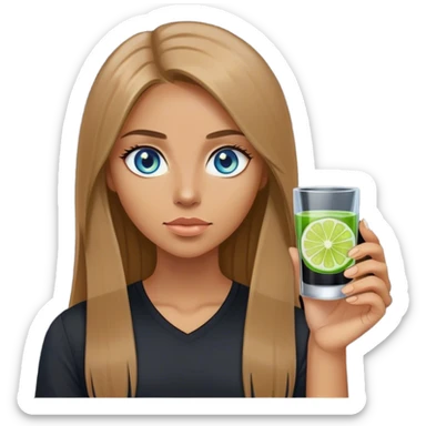 tan woman, black shirt, long light brown straight hair, grey blue eyes, holding a shot with lime sticker
