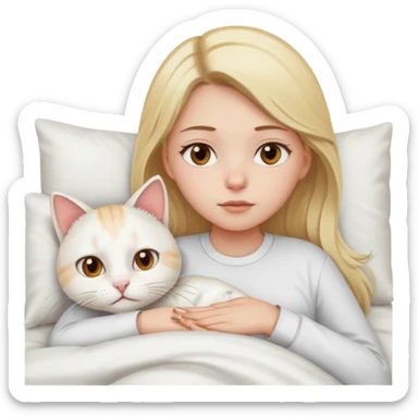They recreate a photo of a blonde girl with light brown eyes, lying in bed sick with the flu, with her cat white nearby. sticker