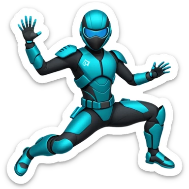 ​"Flat vector sticker, agile cyber-ninja character in a dynamic leap, teal and black tech-suit, glowing accents, die-cut white outline, isolated on white." sticker