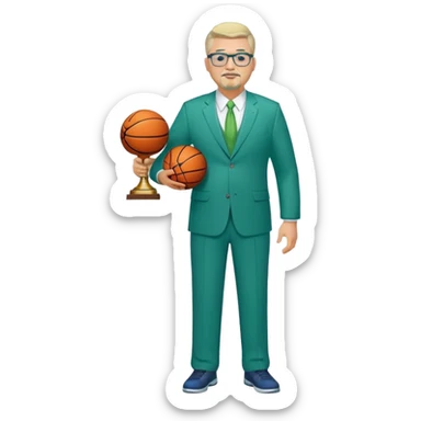 Full Body white middle aged male plus size wearing glasses with a goatee with light blonde and gray very short hair basketball head Coach in blue and green suit holding trophy sticker