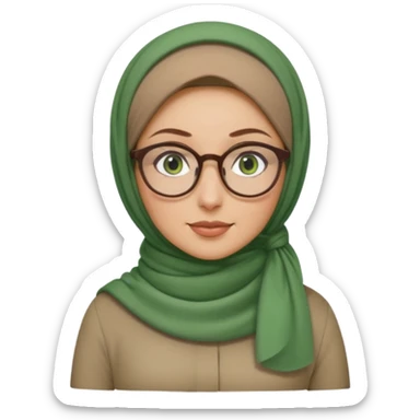 iranian woman, tight curly light brown hair in one high pony tail, glasses, green eyes, pretty, oval shape face sticker