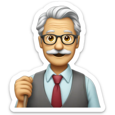 smiling old painter wearing a big grayl horeshoe mustache and glasse. he has a paintbrush in his hand. he wears color shirt and tie sticker