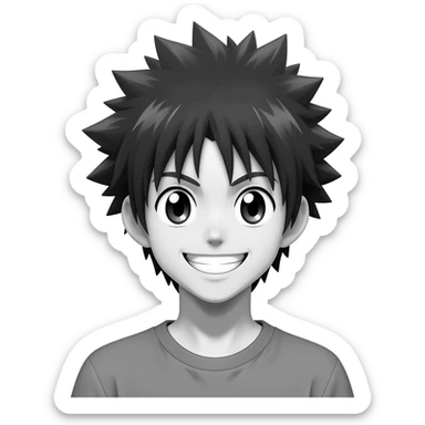 generate a black and white killua happy smail with a transparent background sticker