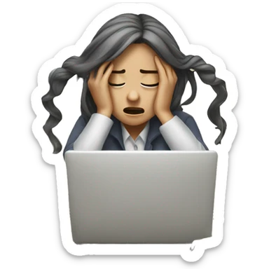 girl frusturated at her desk with hands on her head, 3/4 prespective sticker