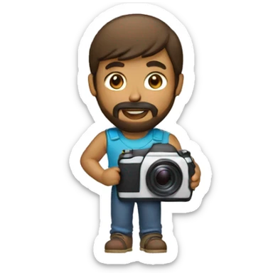 brown guy with mullet and beard holding a photo camera sticker