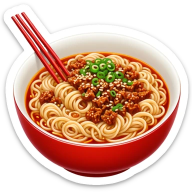 Chengdu Dan Dan Noodles with minced pork and chili oil, simplified emoji style with bold outlines and bright colors, cartoon style Sichuan street food in bowl sticker