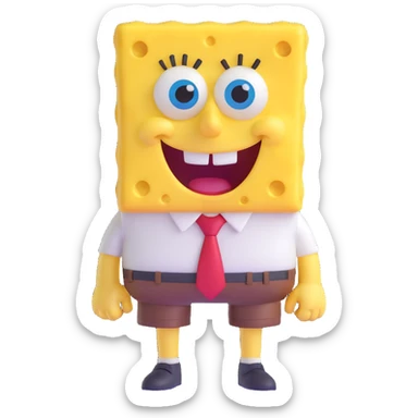 SpongeBob SquarePants, 3D emoji style, smiling, yellow sponge, blue eyes, white shirt, red tie, brown shorts sticker