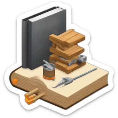 isometric thick BOOK with picture of wood, metal rods, welder, tools sticker